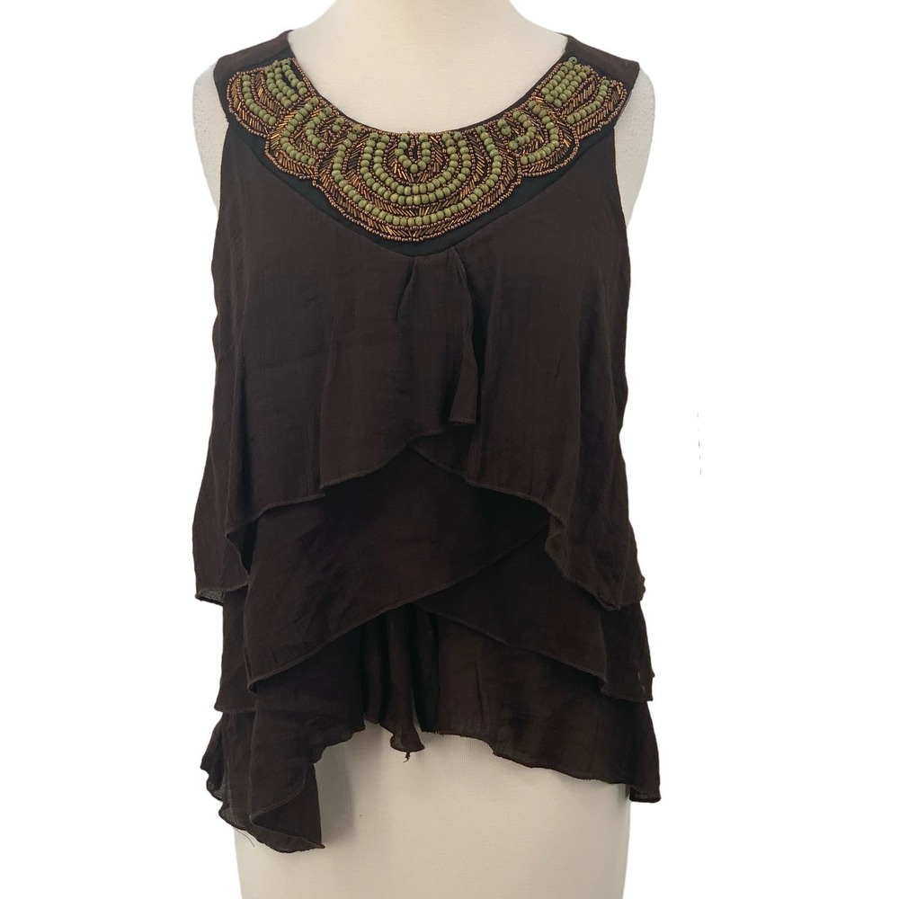 NWT Wrangler Women's Sleeveless Tank Top Brown Beaded‎ Layered Ruffled Size M